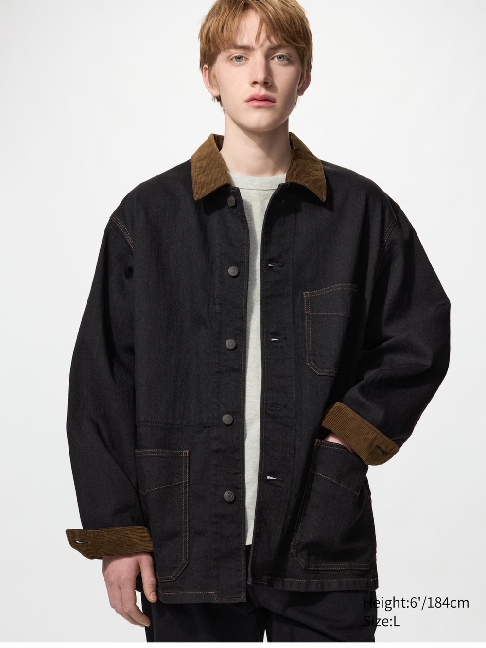Uniqlo Black Jacket with Brown Corduroy Collar